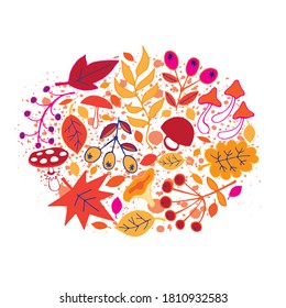 Autumn leaves oval background. Vector set of cartoon leaves.