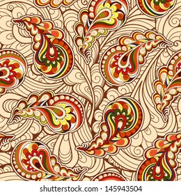 Autumn leaves, paisley seamless pattern, floral vector ornament