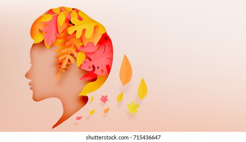 Autumn leaves paper cut style with girl side face silhouette concept background vector illustration