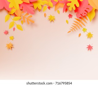 Autumn Leaves Paper Cut Style Background Vector Illustration