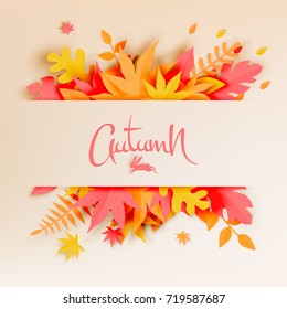 Autumn leaves paper cut style background vector illustration