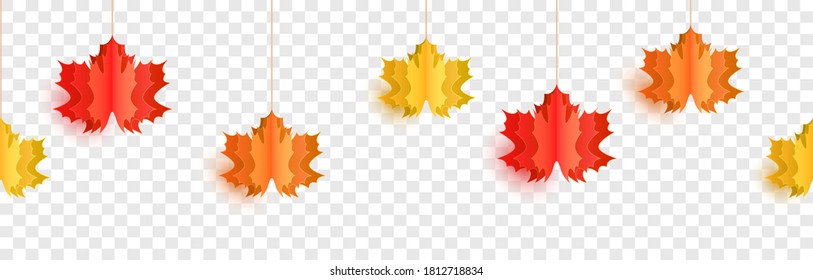 Autumn leaves paper hanging decoration on transparent background