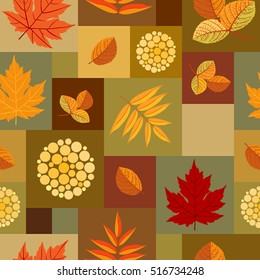 Autumn leaves patchwork pattern. Colorful leaves of maple, aspen and rowan with abstract berries. Seamless ornament. Fall season theme. Vector illustration.