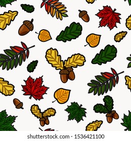 Autumn leaves pattern. Acorns.  Maple, birch, rowan, oak leaves.