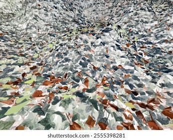 Autumn leaves pattern background. Colorful texture of ivy leaves in light green, dark green, turquoise, brown, yellow and orange tones. Soft multicolored deeply dry leaf pattern wallpaper. 
