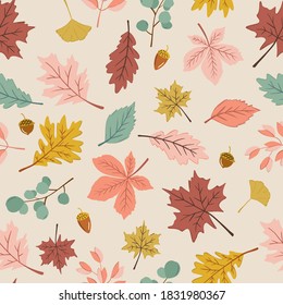 Autumn leaves pattern background. Maple, oak leaves illustration.