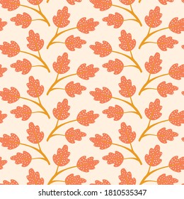 El otoño deja el fondo del patrón en colores cálidos. Hojas de roble vectorial de invierno y otoño con un diseño de repetición sin fisuras.