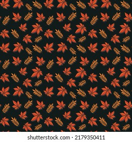 autumn leaves pattern, bright fall pattern with a dark green background, vector background for textile or book covers, wallpapers, design, graphic art, printing, hobby, invitation. continious image