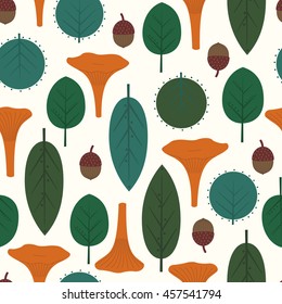  Autumn leaves pattern with chanterelles. Seamless decorative pattern with leaves, mushrooms and acorns on white background. Trendy forest illustration. Design for textile, wallpaper, fabric.