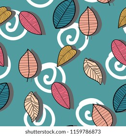 Autumn leaves pattern with colorful hand drawn style