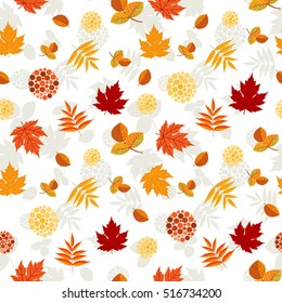 Autumn leaves pattern. Colorful leaves of maple, aspen and rowan with red berries. Seamless ornament. Fall season theme. Vector illustration.
