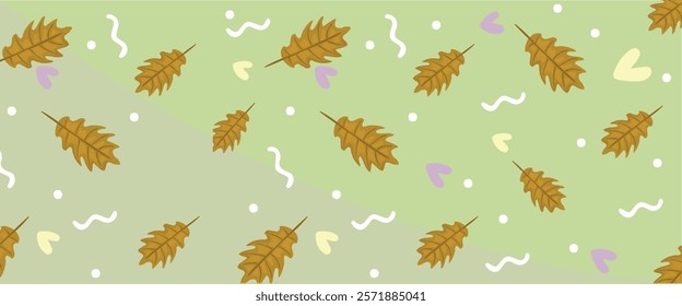 Autumn Leaves Pattern with Confetti on Light Green Background. Playful pattern featuring autumn leaves and confetti scattered on a light green background. Perfect for seasonal decor or digital design