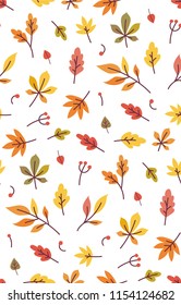 Autumn leaves pattern. Cute colorful fall illustration. Flat autumnal design with leaves and berries