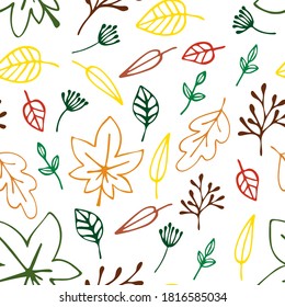 Autumn leaves pattern. Decorative leaves in vibrant seasonal colors. Seamless picture. Vector illustration.