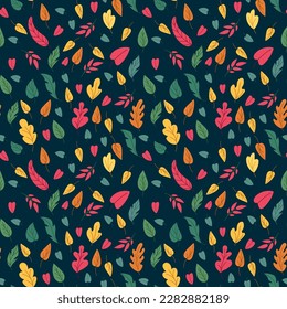 Autumn leaves pattern, fall flowers. Orange and brown vintage nature tree foliage, retro color plants. Decor textile, seasonal wrapping paper, wallpaper design. Vector tidy seamless texture