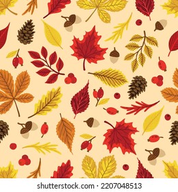 Autumn leaves pattern. Falling leaf seamless background with Oak, maple, chestnut, linden, aspen, walnut and rowan foliage.