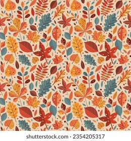 Autumn leaves pattern. Falling leaf seamless background with Oak, maple, chestnut, linden, aspen, walnut and rowan foliage in cartoon style. Autumn mood forest print for textile or wrapping paper.