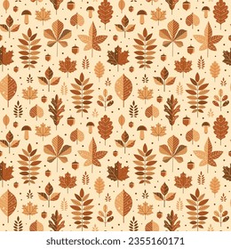 Patrón de hojas de otoño. El fondo de la hoja de otoño con roble, arce, castaño, tilo, álamos, álamos, nogal y rowan en forma de caricatura. Impresión forestal de humor otoñal para papel textil o envolvente.