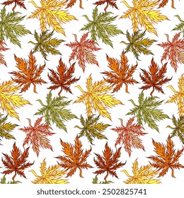 Autumn leaves pattern. Falling leaf seamless background in cartoon style. Autumn mood forest print for textile or wrapping paper.