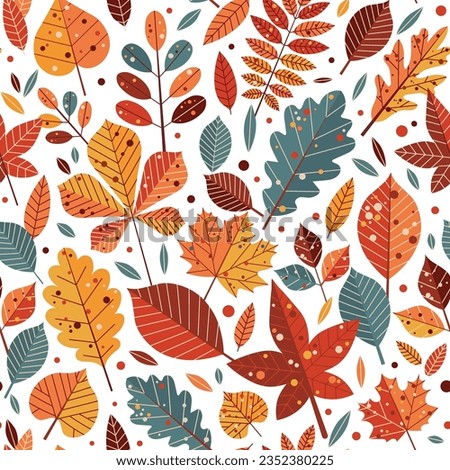 Autumn leaves pattern. Falling leaf seamless background with Oak, maple, chestnut, linden, aspen, walnut and rowan foliage in cartoon style. Autumn mood forest print for textile or wrapping paper.