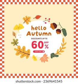 Autumn leaves pattern with hello autumn sale banner illustration, vector, shopping, flash sale and big sale