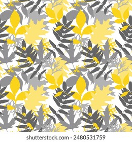 Patrón de hojas de otoño, colores amarillo y gris de la hoja, sobre fondo blanco. Ilustración vectorial