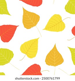 Autumn leaves pattern on white background. Hand drawn vector poplar foliage. Red, yellow, orange, green colors. Messy organic shapes