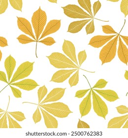 Autumn leaves pattern on white background. Hand drawn vector chestnut foliage. Yellow, orange, green, brown colors. Messy organic shapes