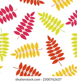 Autumn leaves pattern on white background. Hand drawn vector red rowan foliage. Red, yellow, orange, green, purple, pink colors. Messy organic shapes