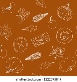 Autumn leaves pattern, pumpkin, thanksgiving, for printing. Hand drawn Happy Thanksgiving  typography poster. Celebration quotation on textured background for postcard.