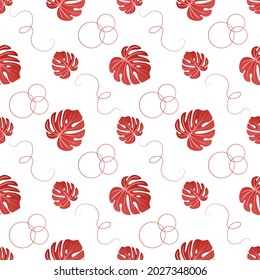 Autumn leaves pattern seamless. Abstract exotic red monstera leaves and geometric shapes endless ornate backdrop. Seasonal leafage at botanical wallpaper. Vector illustration with floral texture