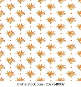 Autumn leaves pattern seamless. Abstract orange foliage and grass on repeating endless ornate backdrop. Seasonal forest leaves at nature botanical wallpaper. Vector illustration with floral texture