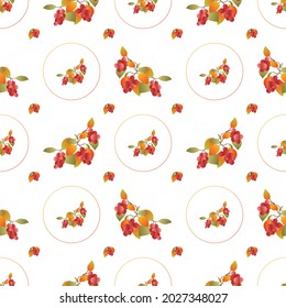 Autumn leaves pattern seamless. Abstract fall red berries and leaves in circle shapes at endless ornate backdrop. Seasonal leafage at botanical wallpaper. Vector illustration with floral texture