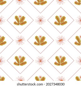 Autumn leaves pattern seamless. Abstract fall flowers and leaves in geometric shapes at endless ornate backdrop. Seasonal forest leafage at botanical wallpaper. Vector illustration with floral texture