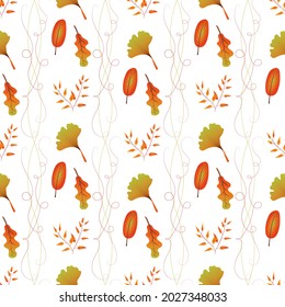 Autumn leaves pattern seamless. Abstract fall tree leaves and curls of herbs at endless ornate backdrop. Seasonal forest leafage at botanical wallpaper. Vector illustration with floral texture