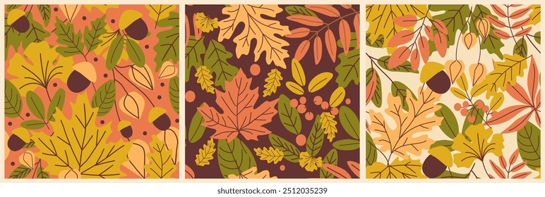 Autumn leaves pattern. Seamless botanical background design with repeating foliage print. Fallen leaves endless texture. Modern printable colored flat vector illustration for fabric, wrapping paper