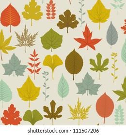 Autumn Leaves Pattern - seamless pattern with colorful fall leaves on a neutral background, including maple, oak, birch, beech, walnut and hazel tree leaves