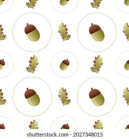 Autumn leaves pattern seamless. Oak leaves and acorns in circle geometric shapes at endless ornate backdrop. Seasonal forest nature botanical wallpaper. Vector illustration with floral texture