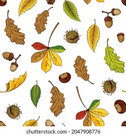 Autumn leaves pattern. Seamless texture with yellow oak and maple foliage. Red and orange chestnut twigs. Forest acorns. Decorative fall season herbarium background. Vector nature print svg