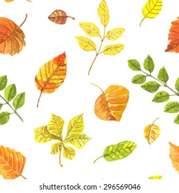 Autumn leaves pattern. Seamless pattern with various hand drawn autumn leaves. Watercolor vector.