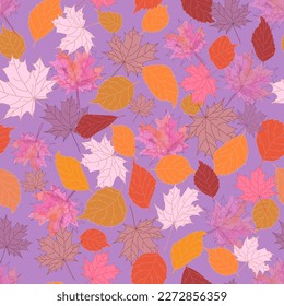 Autumn leaves pattern. Seamless vector texture on violet background. Print for home textile, fabric, scrapbook, wrapping paper, textile, cosmetics packing.