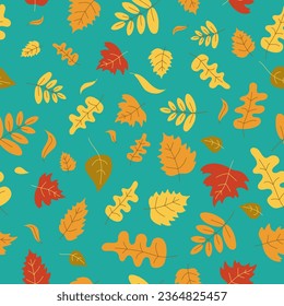 Autumn leaves pattern. Seamless vector background. Nature, autumn season. Autumn leaves are orange, beige, brown and yellow. Vector illustration in doodle style. Vector flat repeating background 