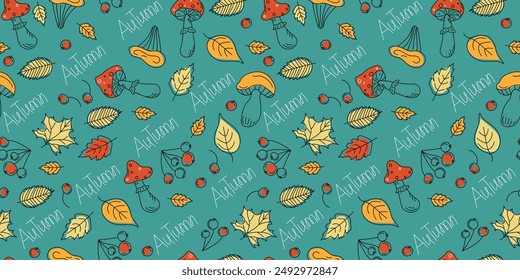 Autumn leaves pattern, set linear icons, contour drawings. Autumn, mushrooms, berries, fly agarics. Hand lettering. Seamless background, wallpaper decor.