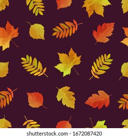 Autumn leaves pattern for textile, print, surface, fabric design. Seamless leaves pattern on dark background. Autum pattern