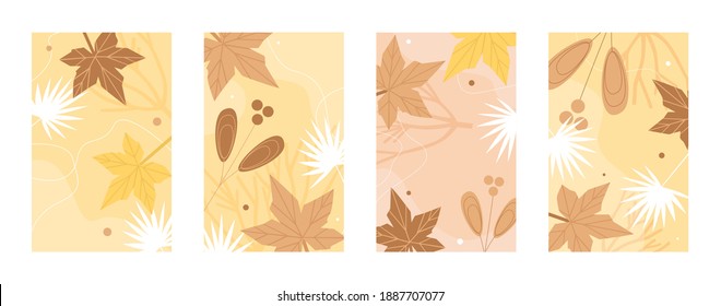 Autumn leaves pattern vector illustration set. Abstract autumnal nature foliage in garden or forest decor collection, fall maple tree leaf and mature linden fruit, natural season decoration background