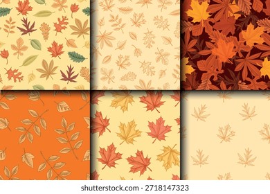 Patrones de hojas de otoño colección. La temporada de otoño diferente follaje de árboles roble y tilo, álamo, fresno, arce amarillo y rojo dibujado a mano, ramas grabadas en estilo antiguo vintage