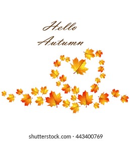 Autumn leaves. Postcard "Hello Autumn". Heart of yellowed, gold, maple leaf on a white background. Vector illustration