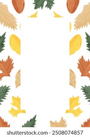 autumn leaves poster template with various deciduous trees and various pastel colors and white rectangle for text, vector