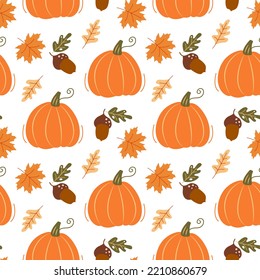 Autumn leaves, pumpkin and acorns. Seamless pattern. Can be used for web page background fill, surface texture