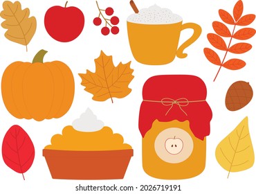 Autumn leaves pumpkin jam pie berries vector illustration